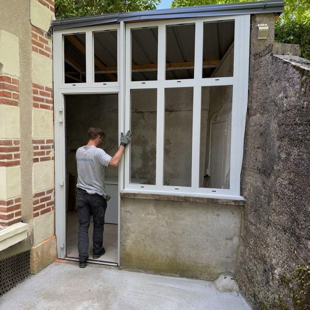 Pose ensemble composé porte châssis fixe en aluminium par un menuisier Lumibaies